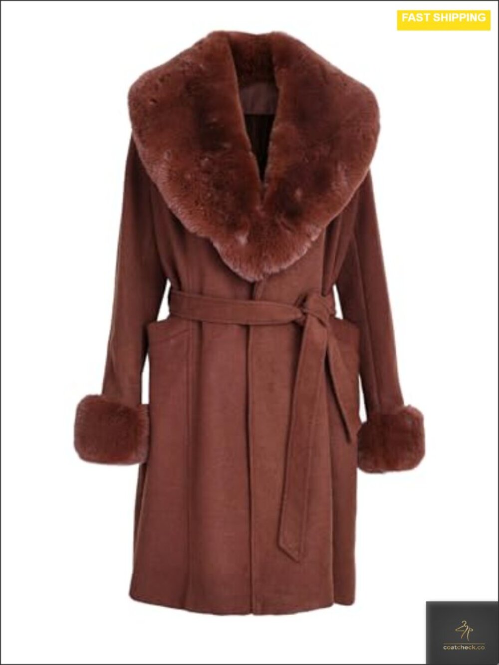 Women's Wool Blend Faux Fur Collar Belted Mid-Length Trench Coat